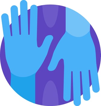 Two hands are shown in a purple circle vector
