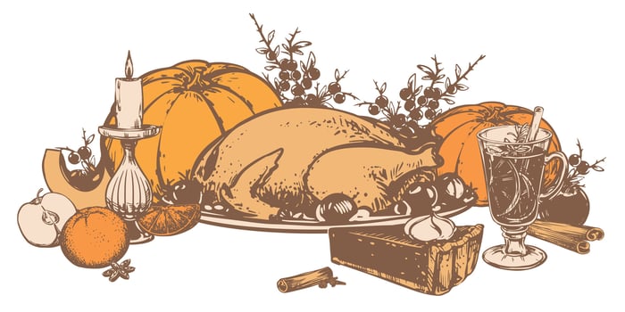 Traditional Thanksgiving dinner. illustration in hand sketch style. Autumn pumpkin pie with whipped cream, mulled wine and baked turkey. Ink drawing in engraving style. vector
