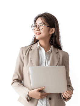 business woman holding laptop while smiling looking away on transparency background png