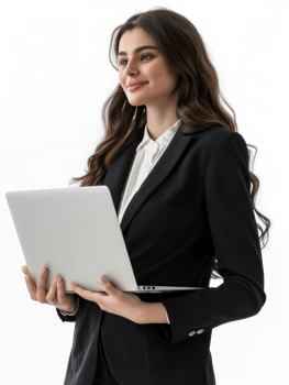 business woman holding laptop while smiling looking away on transparency background png