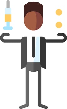 A man in a suit holding up a syringe and a coin vector
