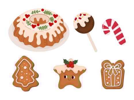 Set with illustrations of sweets for Christmas and New Year. Cupcake, sweets, gingerbread, candycane in flat style. vector