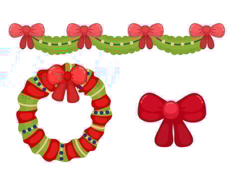 New Year decorations for home and interior for Christmas. Decoration color illustration. Bow, Christmas wreath and garland with bows and branches of pine foliage vector