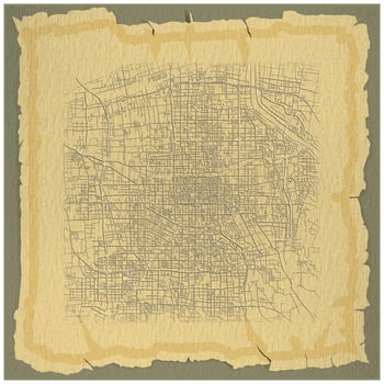 A vintage design background frame for a center city street map of Xi'an, China ,canvas texture to give it a painting feel. vector