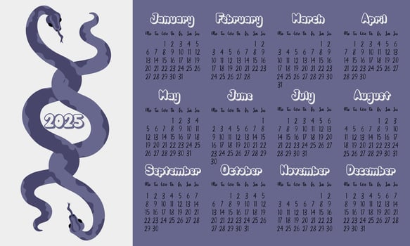 2025 calendar layout with modern geometric snakeskin patterns in shades of future twilight. Two snakes intertwined. Minimalistic flat design on white for planning. Template for printing is horizontal vector