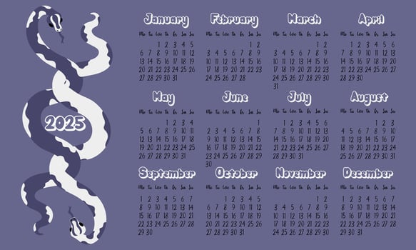 layout of the calendar for 2025 with modern snakeskin patterns in future dusk tones. Two snakes are entwined together. Minimalistic flat design with dark background for planning. Template for printing vector
