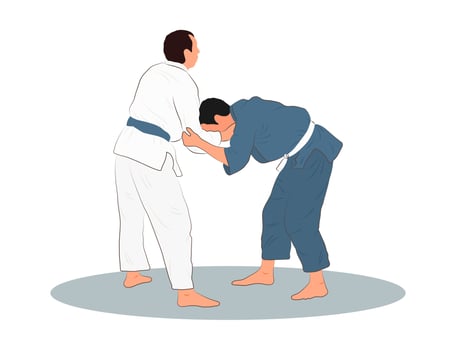 Judo, two male fighters. Action of judo athlete throwing the opponent during fight vector