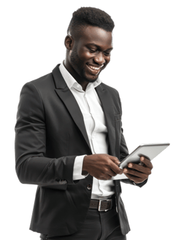 businessman smiling while using tablet isolate on transparency background png