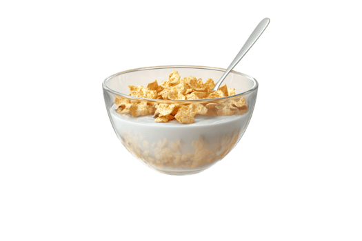 Cornflakes in a bowl with milk and spoon isolated on a transparent background png