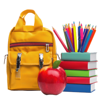 School bag and red apple and box of pen holder with stack book isolate on transparency background png