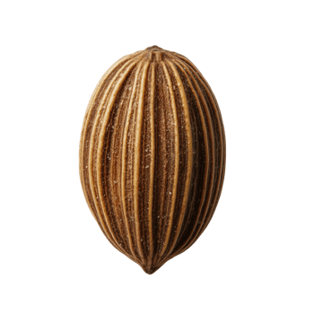 Close-up of a single brown spice seed with intricate texture, isolated on transparent background. png