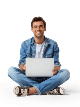 A man is sitting cross-legged on floor with a laptop on his lap , he is looking happy. isolate on transparency background png