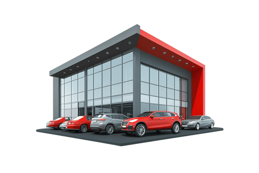 Car dealership building with parked vehicles isolated on a transparent background png