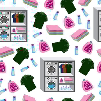 Seamless Pattern with Laundry Tools Elements. Washing machine, washing powder, stack of clothes. Flat illustration. Shelves vector