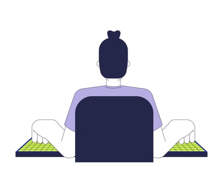 Back view man typing computer keyboard 2D cartoon character. Caucasian male programmer coding, corporate engineer isolated person flat on white background. Spot illustration colorful vector
