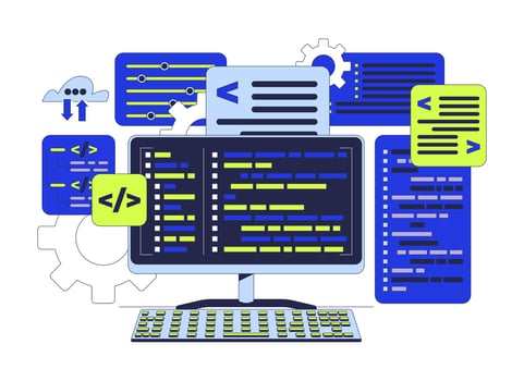 Programming computing 2D cartoon object. Backend program coding. Computer keyboard with syntax codes. Back-end development isolated element flat clipart on white background. Spot illustration vector