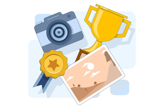 Photography competition concept. Landscape photo with camera and trophy, Photo contest. Photography competition for the best photo. illustration. vector