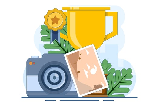 Photography competition concept. Landscape photo with camera and trophy, Photo contest. Photography competition flat illustration template. vector