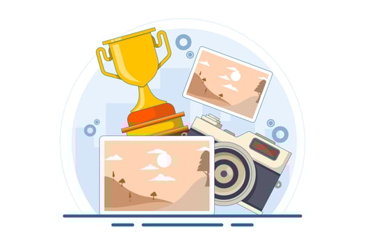 Photography competition concept. Landscape photo with camera and trophy, Photo contest. Photography competition for the best photo. Flat illustration template vector
