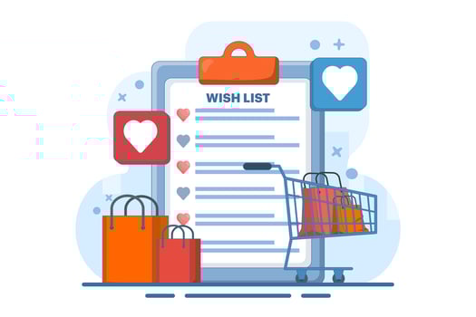 shopping wish list concept, online product wish list, gift and shopping list, my order list, add to cart, products in stock, retail store, e-commerce website, user account abstract metaphor. vector