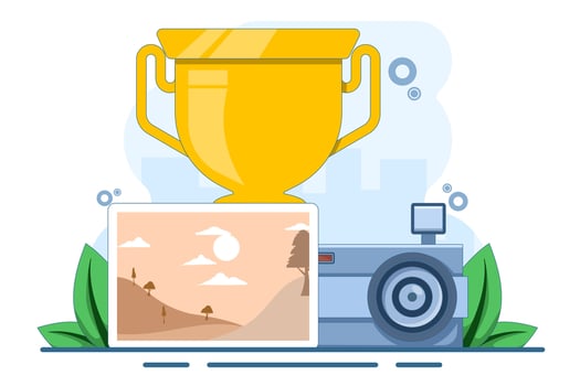 Photography competition concept. Landscape photo with camera and trophy, Photo contest. Photography competition flat illustration template. vector