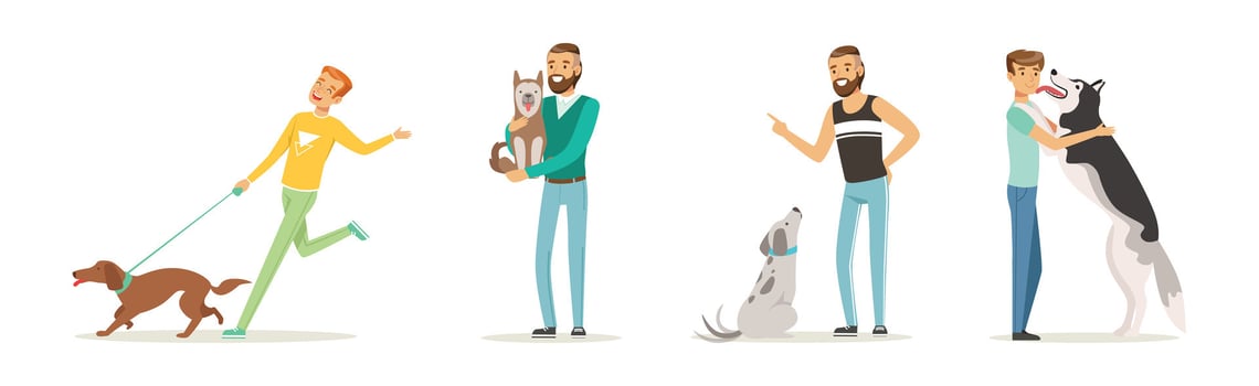 Happy Man Character Pet Owner with Their Favorite Animal Set vector