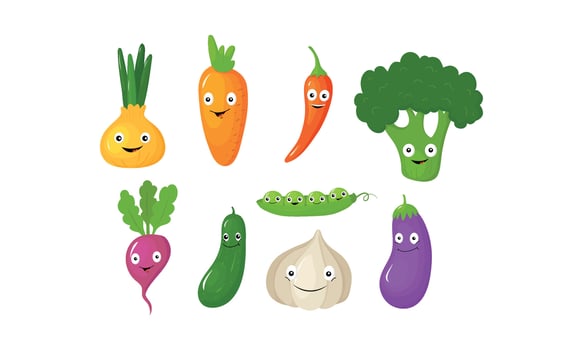 Funny vegetable cartoon characters, cute vegetables with funny faces Illustration vector