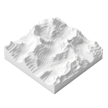 3D topographic map model with contour lines of mountain terrain, showcasing elevation details in white, on a transparent background. png