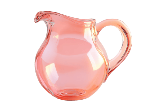 Elegant, transparent pink glass pitcher with a sleek handle, perfect for serving beverages. Ideal for kitchen or dining room decor. png