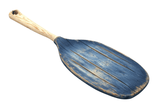 Rustic wooden boat paddle with a weathered blue blade and natural handle, perfect for nautical-themed decor or outdoor adventure visuals. png