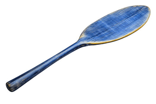 Traditional wooden paddle painted blue isolated on transparent background. Handcrafted utensil for boats, water sports or home decor. png
