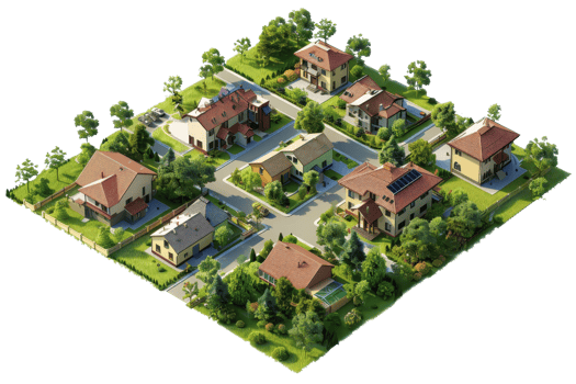 Aerial view of a modern suburban neighborhood with lush green surroundings, cozy homes, and well-maintained streets. png