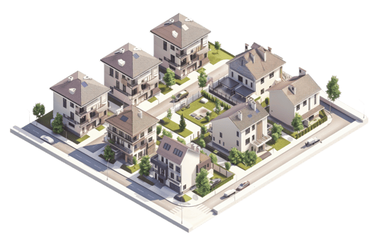 Aerial view of a modern residential neighborhood with multi-story homes, green lawns, and streets. Ideal for real estate and urban planning concepts. png