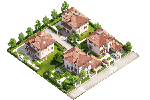Aerial view of suburban neighborhood with four houses featuring red roofs, green lawns, trees, and driveways on a bright, sunny day. png