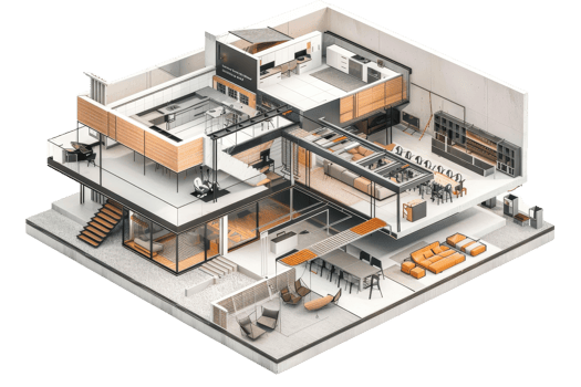 3D rendering of a modern open-plan home interior, showcasing a multi-level layout with contemporary design elements. png