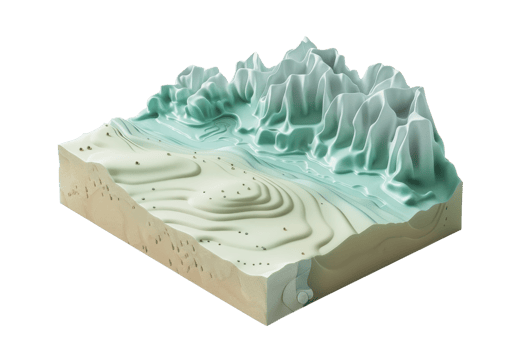 3D rendering of a topographic map model featuring a mountainous landscape with valleys, highlighting terrain elevation and geographical features. png
