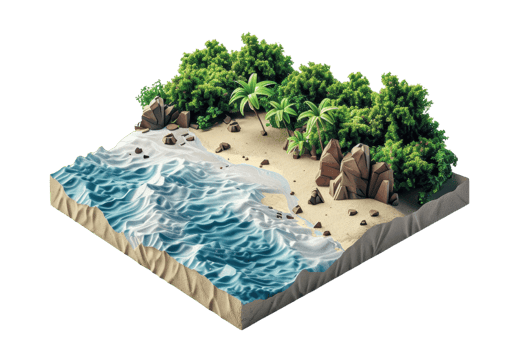 3D illustration of a tropical beach with waves, sand, rocks, and lush green trees, creating a serene coastal scene. png