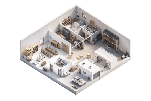 3D isometric illustration of a warehouse interior, showcasing storage racks, boxes, pallets, and various workspaces in a organized layout. png