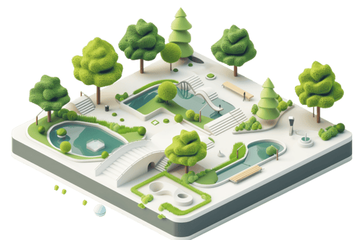 3D isometric illustration of a serene park with trees, pathways, and ponds, ideal for urban design and landscape visualization. png