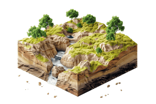 3D illustration of a detailed landscape cross-section with lush trees, a flowing river, and layered earth showing geological strata. png