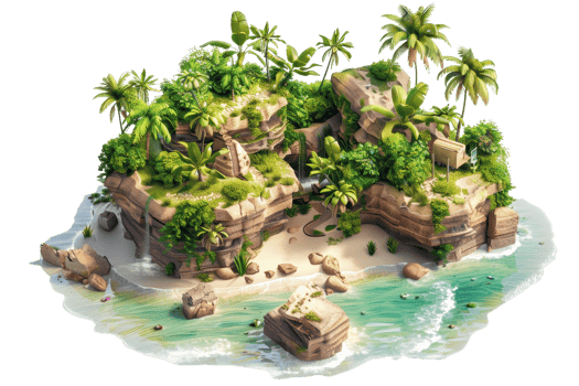 A tropical island scene with lush greenery, rocky formations, and a sandy beach surrounded by clear waters. png