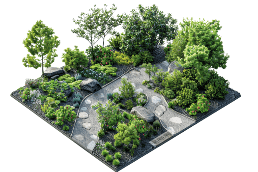 Beautifully landscaped garden with various trees, shrubs, and stone pathways, showcasing classic horticultural design in 3D rendering. png