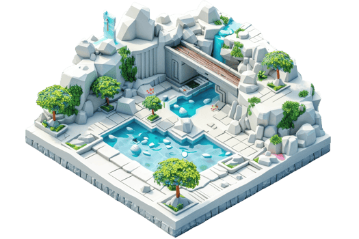 3D rendered isometric view of a stylized modern garden with pools, waterfalls, and lush greenery typical of a tropical paradise. png