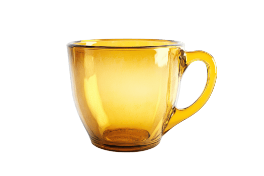 A clear amber glass cup with a handle, perfect for hot beverages like tea or coffee. Isolated on a transparent background. png