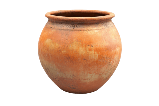 A rustic terracotta clay pot, perfect for home decor or garden use. This handcrafted pottery piece offers a vintage aesthetic to any space. png