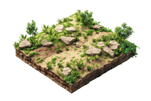 3D rendered display of section of ground with rocks, plants, and soil cross-section, suitable for educational and illustrative uses. png