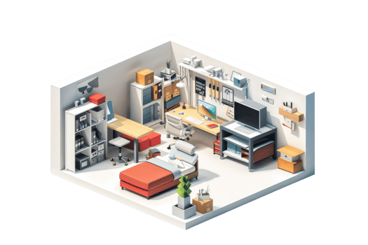 A modern, organized workspace with a desk, computer, bed, and various office supplies in a cozy room setting. png