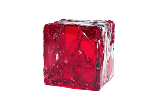 A red, transparent ice cube isolated on a transparent background. showcasing its crystalline texture and unique color. png