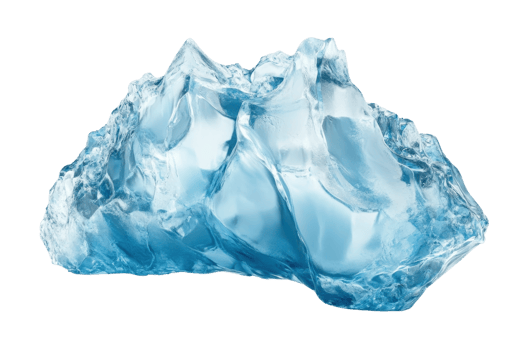 Close-up of a clear blue ice chunk with intricate textures and crystalline formations, isolated on a transparent background. png