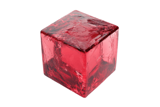 Close-up of a translucent red cube with a textured, crystalline surface, isolated on a transparent background. png